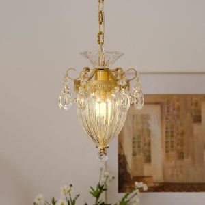 主图_004 French Retro All Copper Carved Crystal Pendant Light